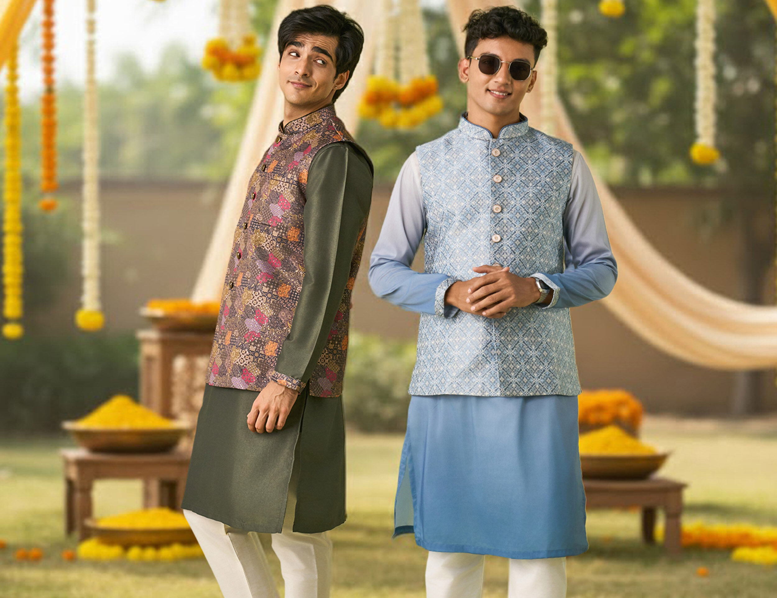 Two men wearing embroidered kurta ensembles with layered jackets showcase regional Indian craftsmanship.